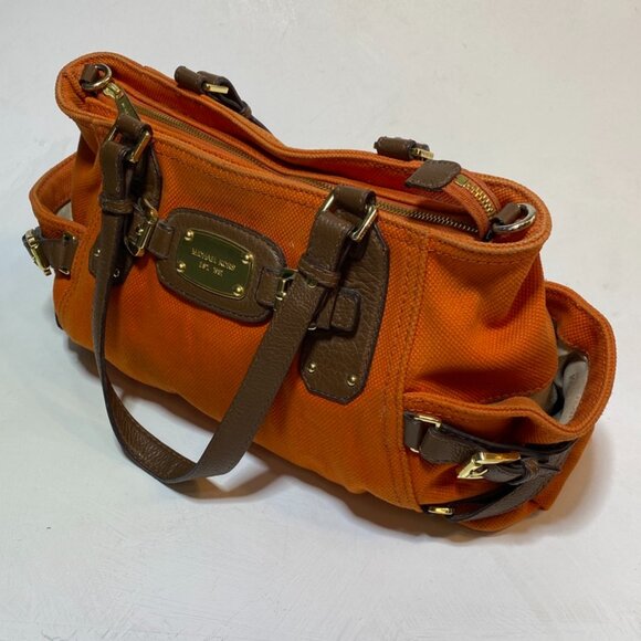 Michael Kors Gansevoort Zip Top Satchel Tangerine Canvas Brown Leather Trim - Picture 2 of 7
